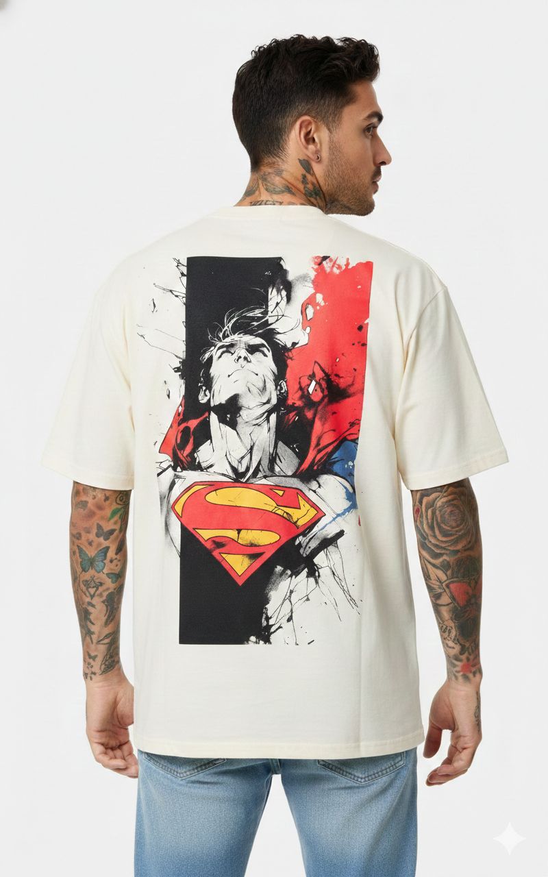 Superman Men Graphic Print Round Neck Pure Cotton Beige T-Shirt