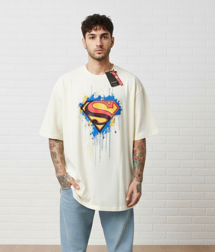 Superman Men Graphic Print Round Neck Pure Cotton Beige T-Shirt