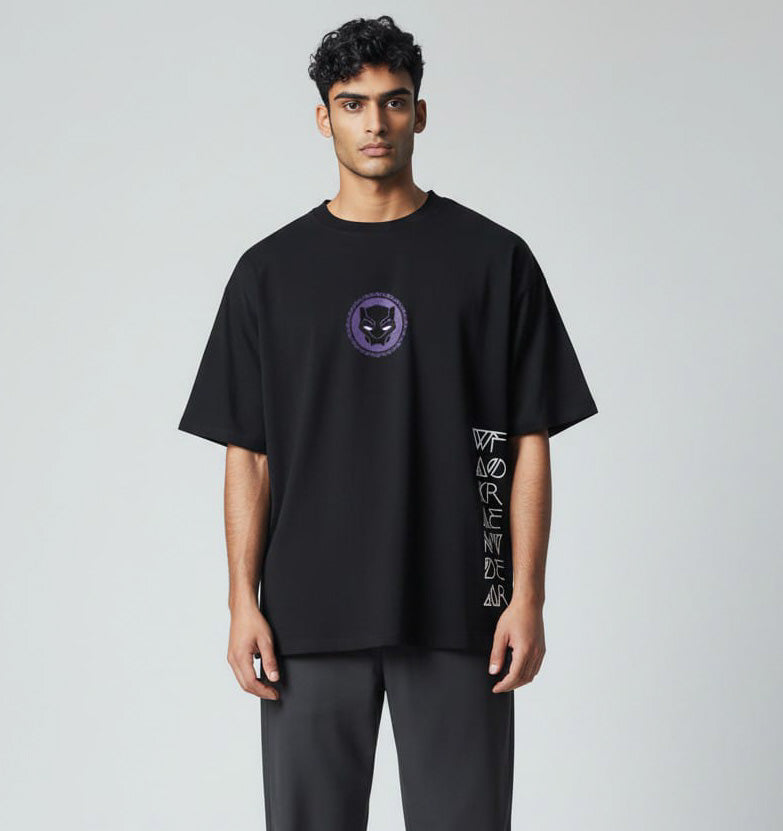 Black Panther Men Graphic Print Round Neck Pure Cotton Black T-Shirt