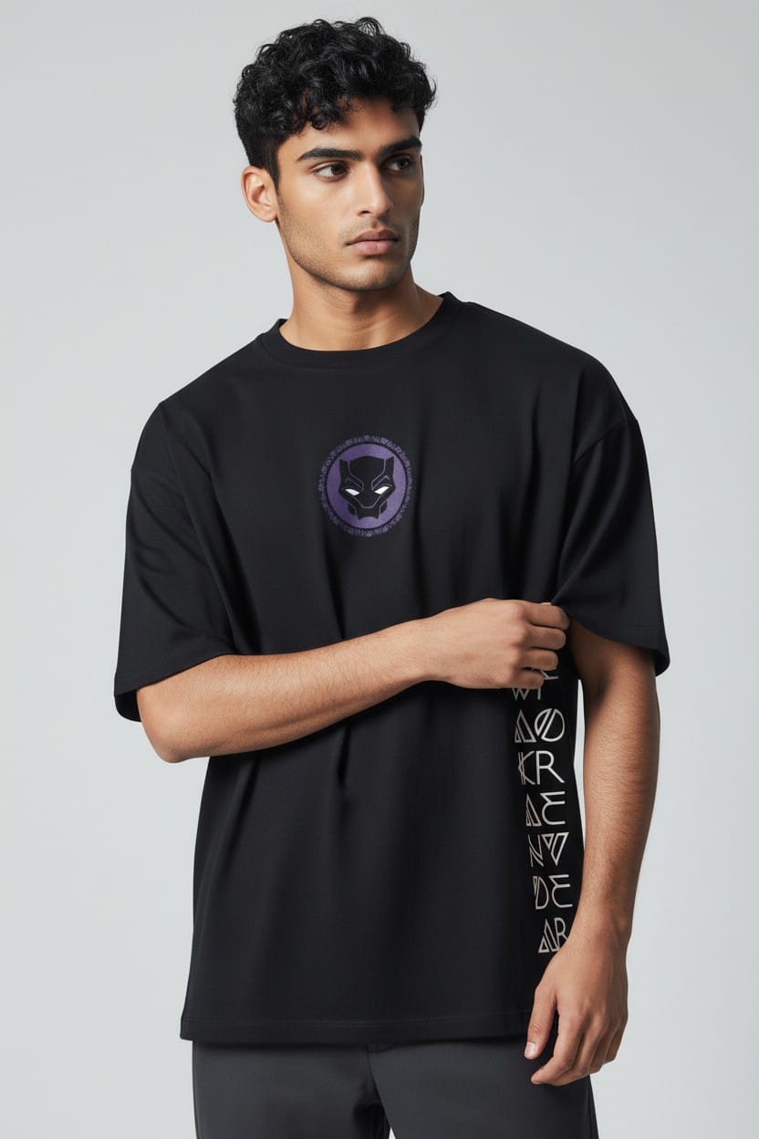 Black Panther Men Graphic Print Round Neck Pure Cotton Black T-Shirt