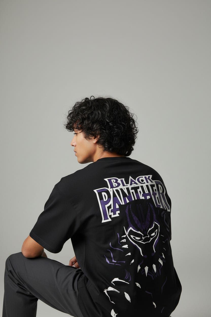 Black Panther Men Graphic Print Round Neck Pure Cotton Black T-Shirt