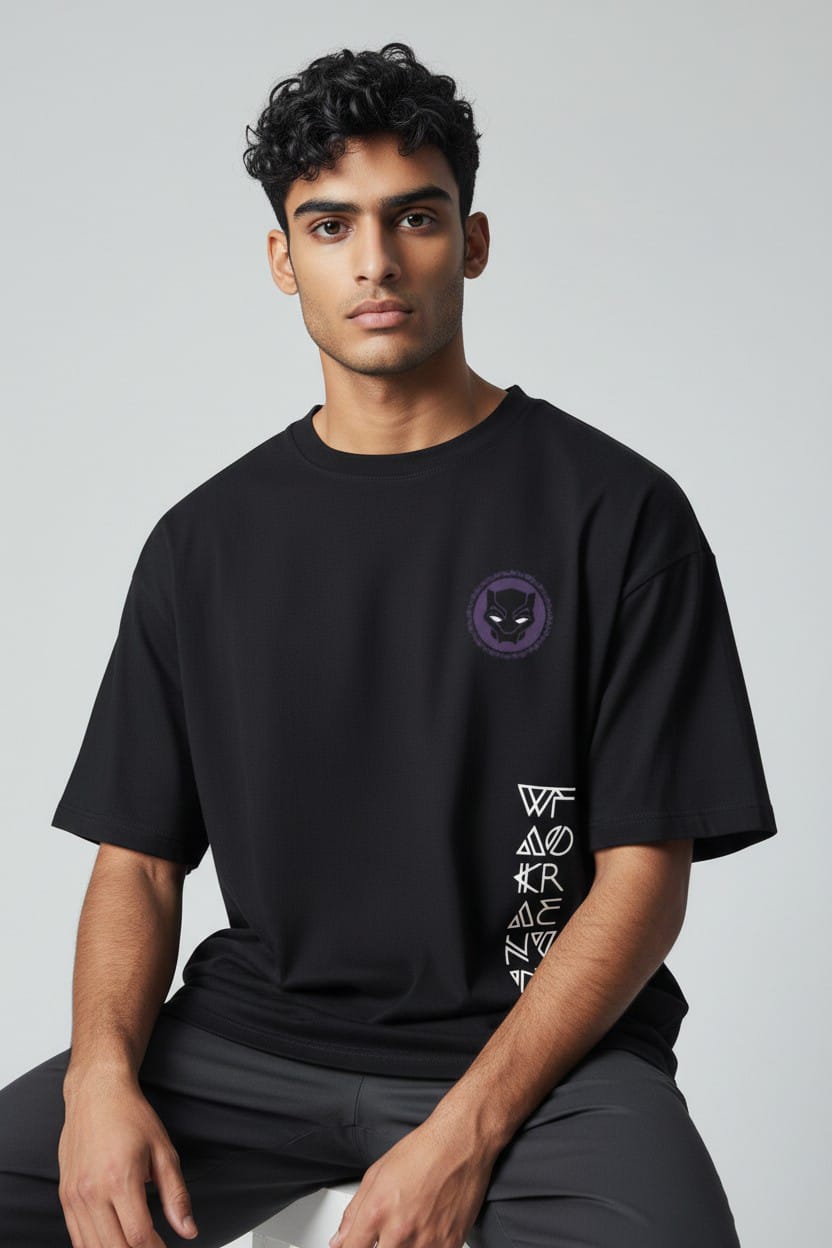 Black Panther Men Graphic Print Round Neck Pure Cotton Black T-Shirt