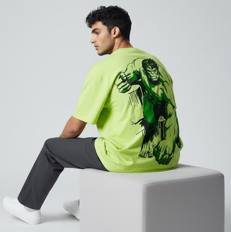 The HULK Men Printed Round Neck Pure Cotton Light Green T-Shirt