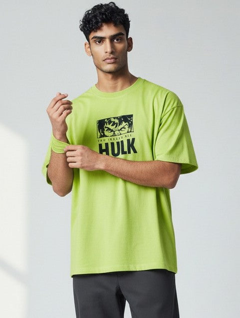 The HULK Men Printed Round Neck Pure Cotton Light Green T-Shirt