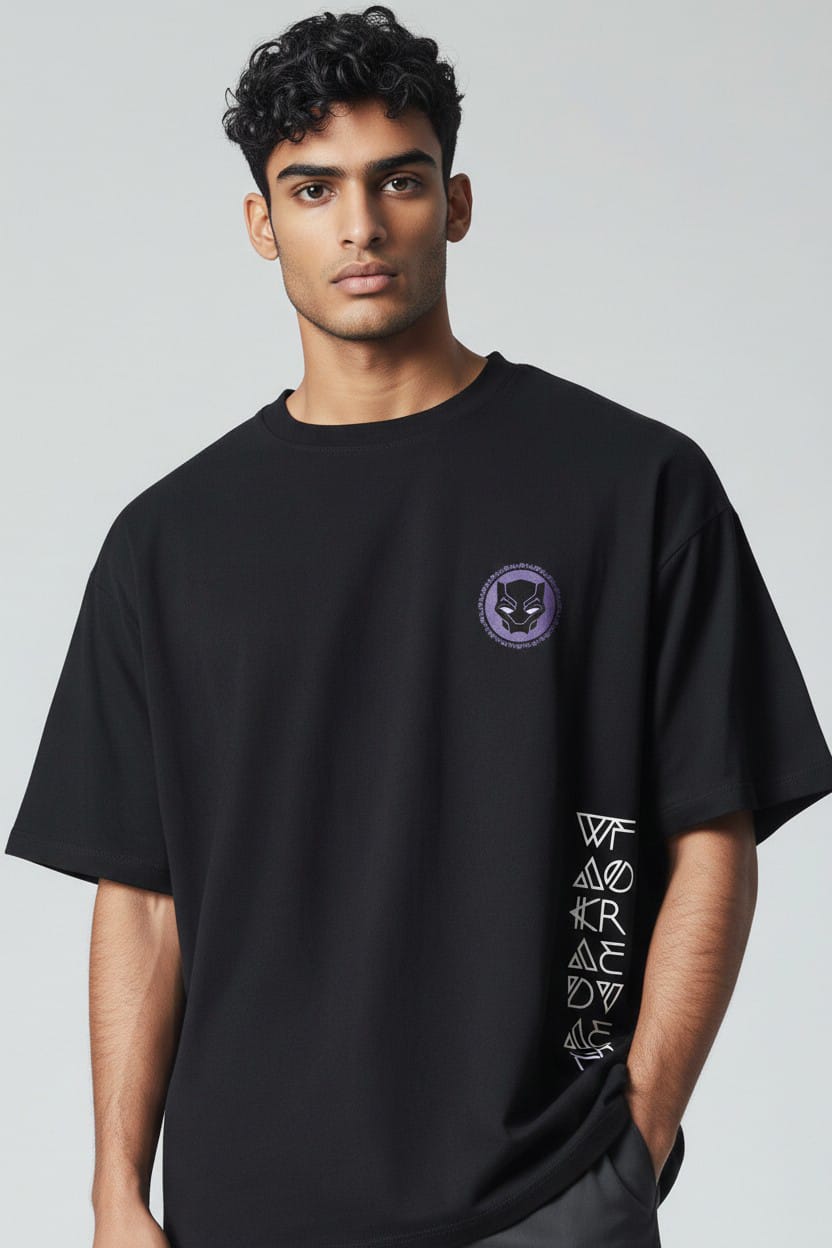 Black Panther Men Graphic Print Round Neck Pure Cotton Black T-Shirt